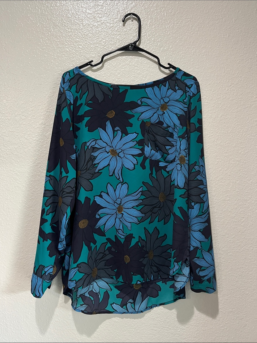 LOFT Floral Boatneck Long-Sleeve Top in Teal  Blue Sz L Flowy Lightweight Chic